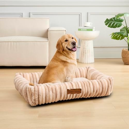 Modern Threads Ribbed Plush Two-Tone Cuddler Dog Bed, Ultra-Soft Faux Rabbit Fur, Supportive Bolstered Sides, Removable Washable Cover, Bed for Medium to Large Dogs, Cream, (34" L x 25" W x 9" Th)