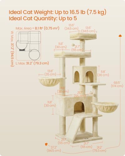 Feandrea Cat Tree, 68.5-in Tall Cat Tower, Multi-Level Condo, Beige