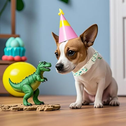 Lionet Paws Green and Blue Dinosaur Dog Collar- Cute Stegosaurus and Raptor Beige Dog Collars with Plastic Buckle,Light Adjustable Dog Collars for Small Dogs