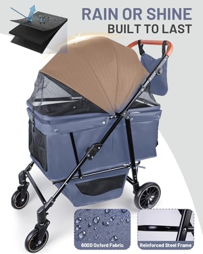 Dog Stroller for Medium & Large Dogs Up to 66 lbs, Pet Stroller for 2 Small Dogs with Adjustable Handle & Canopy, Sun Shades, Storage Organizer, Foldable & Ventilated,Navy Blue