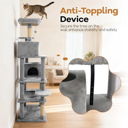 DORTALA 75" Tall Modern Cat Tree, Multi-Level Cat Tower with Large Condos, Sisal Scratching Posts, Top Perch, Hammock, Dangling Balls, Kitten Beds & Climbing Furniture for Indoor Cats (Light Grey)