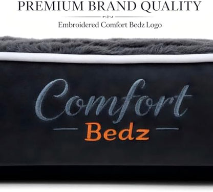 Orthopedic Dog Bed, Plush Velvet and Rabbit Fur, Raised Bolster Sides, Washable Cushion, Non-Slip Bottom, Dark Gray