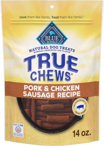 Blue Buffalo True Chews Dog Treats, Made in the USA with Natural Ingredients, Pork and Chicken Sausage Recipe, 14-oz Bag, (Pack of 6)