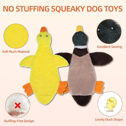 PAWCHIE Squeaky Dog Toys for Small Medium Large Dogs, No Stuffing Crinkle Puppy Toy,Soft Pet Plush Teething Toys 2 Pcs Mess-Free Interactive Chew Toy for Boredom Best Birthday Gift, Yellow & Wild Duck