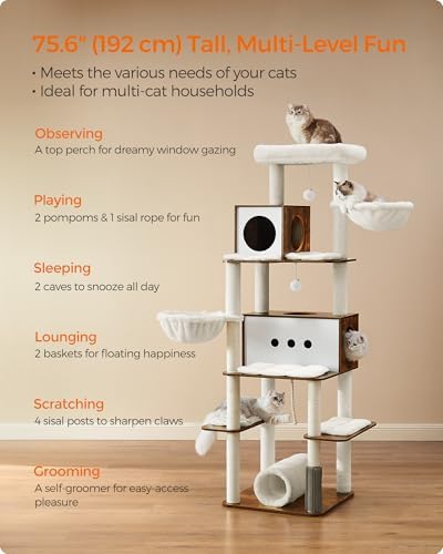 Feandrea Cat Tree, 75.6-Inch Multi-Level Condo with 2 Caves, 2 Hammocks