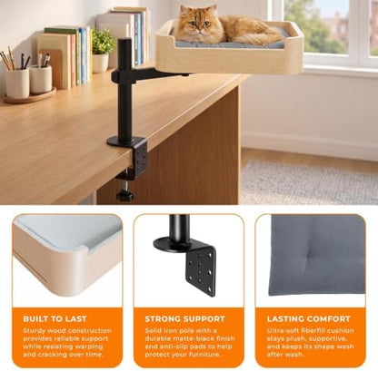3-in-1 Cat Desk Bed, Cat Window Hammock & Elevated Floor Bed – Wooden Window Perch & Seat, American Oak Finish, 2 Plush Mats, Holds 28 lbs