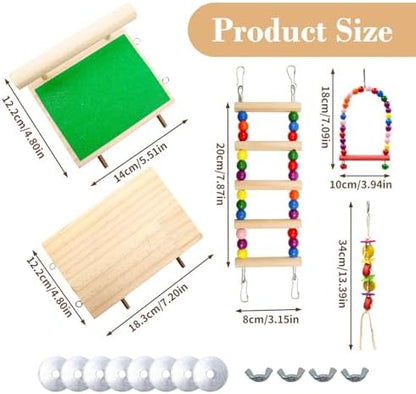 5 Pack Bird Cage Accessories, Multicolor Wooden Enrichment Playground with Swing Perch, Bridge, Chew Toys, Bird Supplies for Budgies, Cockatiels, Lovebirds, Small to Medium Birds