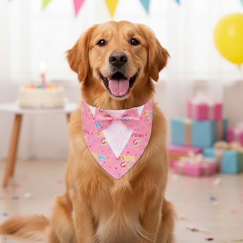 ADOGGYGO Birthday Dog Bandana with Bowtie, Pink Girl Dog Tuxedo, X-Large