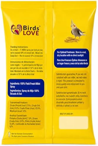 Birds LOVE® Economy Spray Millet for Birds, 7 oz, GMO-Free Natural Bird Treat, Stem-Reduced Millet Tops, USA Grown Spray Millet for Parakeets, Cockatiels, Lovebirds, Finches, Canaries -Pack of 4