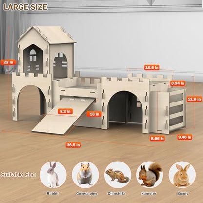 Large Bunny House and Hideouts, Wooden Dual-Layer Rabbit Castle with 4 House Indoor, Sturdy Habitat for Guinea Pig Chinchilla Ferret (Extra Large-4 House with Hay Feeder)