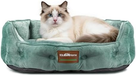 ClevaHome Upgrade Plush Faux Fur Cat Bed - Washable Round Cat Beds for Indoor Cats, Small Dog Bed for Pets up to 15lbs, Reversible Cushion, Non-Slip Bottom (Washed Green)