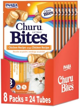 INABA Churu Bites for Cats, Soft/Chewy Baked Chicken Wrapped Churu Filled Cat Treats with Vitamin E, 0.35 Ounces per Tube, 24 Tubes Total (3 Tubes per Pack), Chicken Recipe