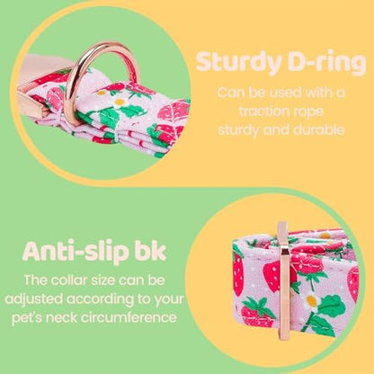 Spring Dog Collar, Red Strawberry Print Pet Collars Pink Cute Durable Metal Buckle Girl and Boy Dog Collars Adjustable for Small Medium Large Dogs