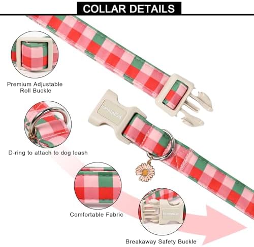 Lionet Paws SpringDog Collar- Red Pink Green Plaid Dog Collars with Plastic Buckle and Daisy Pendant,Light Winter Dogs Collar for Medium Large Dogs