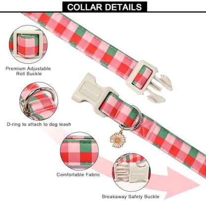 Lionet Paws SpringDog Collar- Red Pink Green Plaid Dog Collars with Plastic Buckle and Daisy Pendant,Light Winter Dogs Collar for Medium Large Dogs