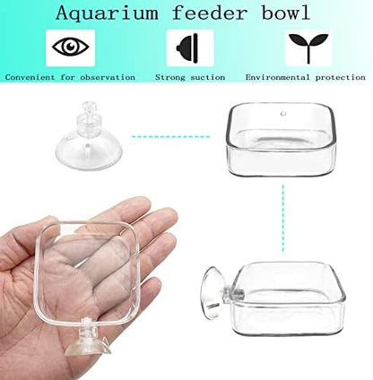 Aquarium Shrimp Feeder Dish Glass Fish Tank Feeding Bowls, 2pcs Square Glass Food Bowl (60mm), 1pcs Round Fish Feeding Bowls with Suction Cups (60mm)