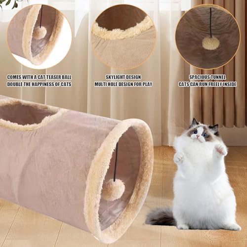 Cat Tunnel,Indoor Cat Play Tube Toys with Play Ball,Durable Collapsible Rabbit Hideaway Tunnel for Kitten,Bunny, Guinea Pig, Rat, Hamster, Ferret, Chinchilla (Khaki)