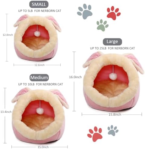 Cat Beds for Indoor Cats-Rabbit-Shaped Cat Cave Bed with Hanging Toy,Pink M