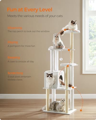 Feandrea Cat Tree, 65-Inch Multi-Level Tower with 5 Scratching Posts