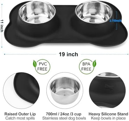 AsFrost Dog Food Bowls Stainless Steel Pet Bowls & Dog Water Bowls No Spill Non Skid, Feeding Bowls with Dog Bowls Silicone Mat for Small Medium Large Size Dogs, Cat Pet Dog Dishes Set, Black, 3 Cup