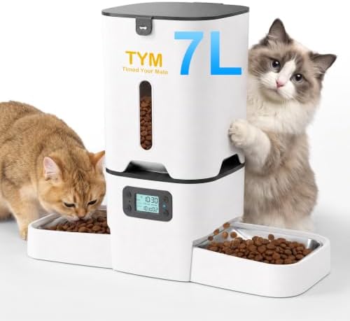 TYM Automatic Cat Feeder 2 Cats,7L Timed Cat Food Dispenser with Dual Bowls