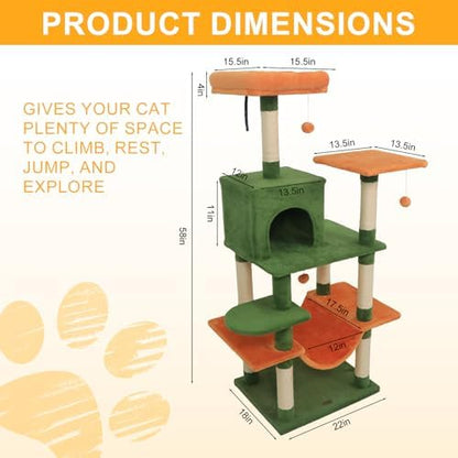 DORTALA Cat Tree for Indoor Cats, 58" Tall Cat Tower with Top Perch, Condo, Hammock, Sisal Scratching Posts, 3 Dangling Balls, Platforms, Multi-level Pet Climbing Furniture Playground (Green & Orange)