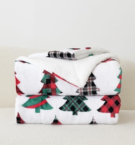 Elegant Comfort Reversible and Ultra-Plush Flannel Fleece-Winter Christmas Sherpa Throw- Lightweight Soft and Cozy-Holiday Decorative Throw, Perfect for Lounging, 50 x 60 inches, Plaid Christmas Tree