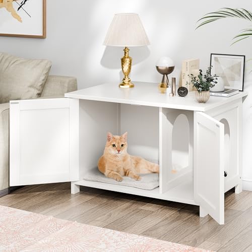 Shintenchi Cat Litter Box Enclosure, Litter Box Furniture Cabinet Hidden with Removable Divider, Wooden Cat House with End Table, White, 31.5 inch