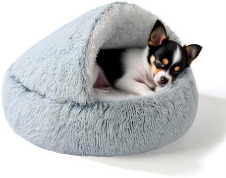 YUDANSI Calming Small Dog Bed & Indoor Cat Bed - Plush Fluffy Hooded Cave Nest, Anti-Slip Self-Warming, Washable Built-in No-Collapsing Support (Grey-65cm/26in)