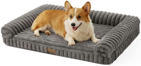 COZY KISS Ultra Soft Faux Rabbit Fur Dog Bed for Medium Dogs – 36"x27" Orthopedic Foam Couch, Removable Washable Cover & Waterproof Lining, Grey