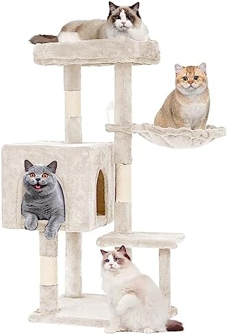 FDW 37.8 inch Cat Tree Cat Tower for Indoor Cats with Scratching Posts,Multi-Level Cat Furniture Activity Center Stand House Cat Condo Modern Cat Tower with Hanging Cradle & Funny Toy,Beige