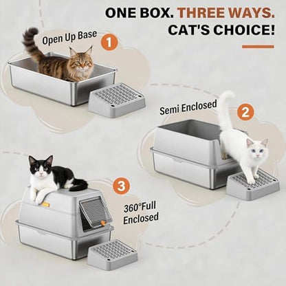 Stainless Steel Litter Box with Lid, Extra Large Enclosed Cat Litter Pan for Big Cats, High Sided Metal Litter Box with Enclosure, Front & Top Entry, Easy Clean, Anti-Leakage, Includes Scoop，Grey