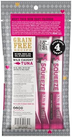 I AND LOVE AND YOU Treat Meow Lickable Cat Treats - Tuna Puree - Skin and Coat Support, Squeeze Treat, Omega 3s, 0.5oz, 4ct