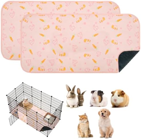 Homimp 2 Pack Guinea Pig Cage Liners,Washable Small Animal Bedding,Waterproof Reusable & Anti Slip Guinea Pig Pee Pad Fast and Super Absorbent Mat for Small Animal Rabbit Bunny Hamster,Pink 24"x47"