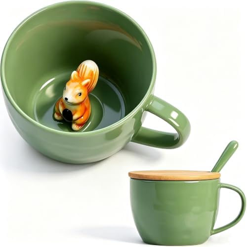 Squirrel Gifts for Women Men Cute Squirrel Ceramic Mug Hidden 3D Animal Inside Unqiue Coffee Mug Tea Cup with Lid Spoon Cool Stuff Home Decor Christmas Birthday Gifts for Her Friends Sisters Besties