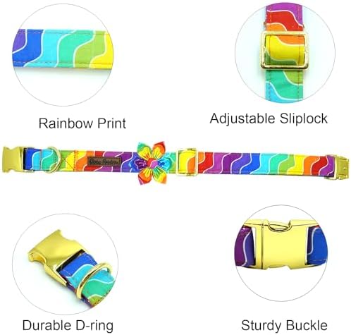Rainbow Dog Collar, Rainbow Stripes Collar with Flower for LGBT Pride Month Holiday Dog Collar Flowers Adjustable Collar for Small Medium Large Dogs