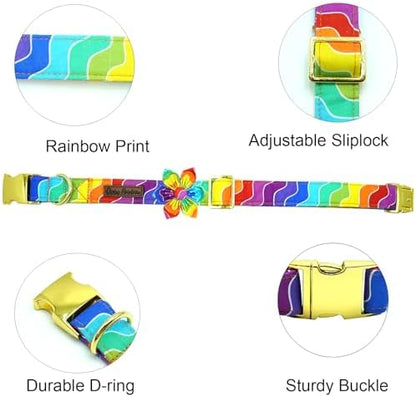 Rainbow Dog Collar, Rainbow Stripes Collar with Flower for LGBT Pride Month Holiday Dog Collar Flowers Adjustable Collar for Small Medium Large Dogs