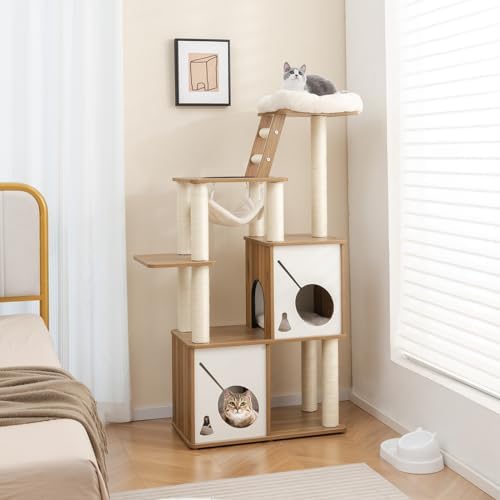 Tangkula Modern Cat Tree, 57 Inch Wood Cat Tower with Sisal Scratching Posts, Padded Top Perch, 2 Cat Condos, Hanging Hammock & Climbing Ladder, Multi-Layer Large Cat Tree Tower for Indoor Cats