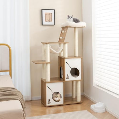 Tangkula Modern Cat Tree, 57 Inch Wood Cat Tower with Sisal Scratching Posts, Padded Top Perch, 2 Cat Condos, Hanging Hammock & Climbing Ladder, Multi-Layer Large Cat Tree Tower for Indoor Cats