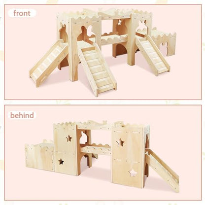 Extra Large Wooden Rabbit Castle Hideaway Tunnel and Bed Small Animal Hideaway Hut Solid Safe Construction Play Hideaway Hut for Rabbit Guinea Pig Chinchilla