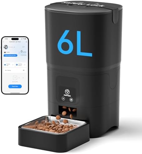 PAPIFEED Automatic Cat Feeder with App, 2.4G WiFi Cat Food Dispenser, 6L Timed Cat Feeder for Dry Food, 10 Meals/Day, 12 Portions/Meal, Dual Power Supply Smart Pet Feeder for Small Dog, Black