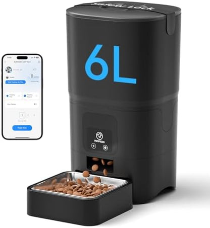PAPIFEED Automatic Cat Feeder with App, 2.4G WiFi Cat Food Dispenser, 6L Timed Cat Feeder for Dry Food, 10 Meals/Day, 12 Portions/Meal, Dual Power Supply Smart Pet Feeder for Small Dog, Black