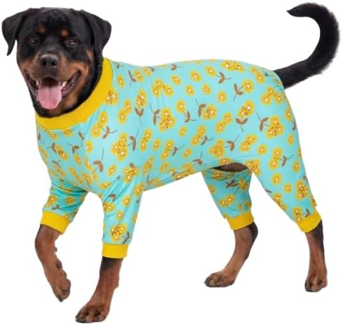 LovinPet Dog Pitbull Pajamas, Mint Flower Print, Yellow, M