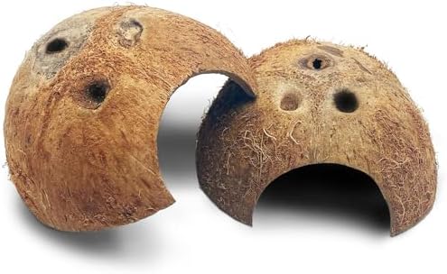 PINVNBY Natural Coconut Reptile Hideouts Lizard, Coco Hut Hermit Crab Hut Aquarium Fish Hide Cave for Small Reptile Crested Gecko Leopard Gecko Spider Snail Climber Toys (2 PCS Natural Surface)