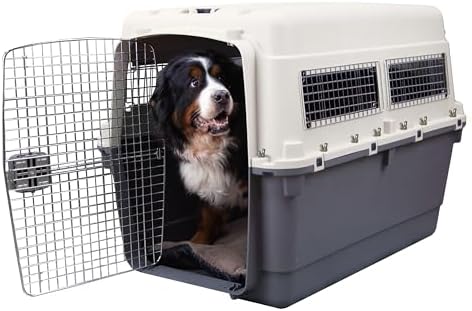 SportPet Airline Compliant XXX-LARGE 48" Travel Dog Kennel-Durable Plastic Airline Pet Carrier w/Removable Wheels & Food Bowls, Collapsible Indoor/Outdoor Dog Kennel, Dogs up to 44"L & 33"H-Cream/Gray
