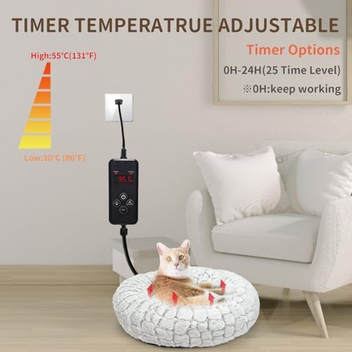 Heated Cat Bed with Timer & Temp Adjustable, Round Heating Pet Bed for Cats Indoor 19" Soft & Cozy Donut Electric Pet Warming Pad Heater for Cat