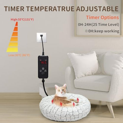 Heated Cat Bed with Timer & Temp Adjustable, Round Heating Pet Bed for Cats Indoor 19" Soft & Cozy Donut Electric Pet Warming Pad Heater for Cat