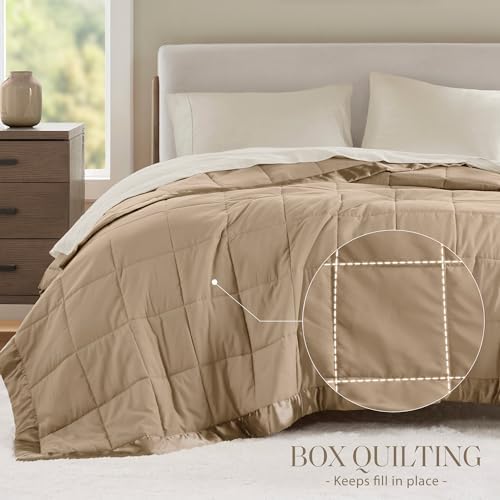 Madison Park Down Alternative Queen Blanket for Bed, Satin Trim, Brown