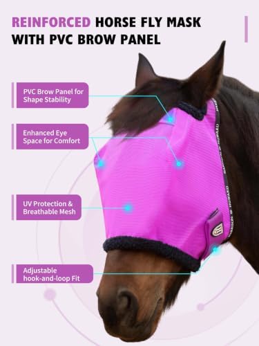 Harrison Howard Reinforced Horse Fly Mask with Mirror PVC Brow Support, Enhanced Eye Space, UV Protection Purple XL