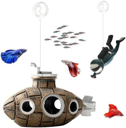 Floating Retro Submarine, Fish Tank Decoration for Aquarium, Brown